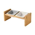 Elevated bamboo pet feeder stand with two square ceramic bowls in white and grey colors - Gray and White Bowls and Wood Stand