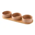 Three macaron pink ceramic cat bowls with a long oval wooden tray in minimalist style - Small