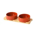 Ceramic double cat bowls in bright orange with a sturdy natural bamboo wooden stand - Small / Straight-rimmed Bowl With A Glossy Orange-red Color And A Double-hole Bamboo Tray.