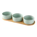 Three mint green ceramic pet bowls on a natural bamboo wooden stand for cats - Small