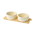 Dual ceramic cat bowls with natural bamboo stand for small pets and kittens - Small / Straight-sided Bowl In Glossy Off-white With A Double-hole Bamboo Tray.
