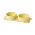 Dual yellow ceramic pet bowls with a rectangular bamboo stand for cats and small dogs - Small / Straight-sided Bowl With Glossy Custard Color + Double-hole Bamboo Tray