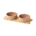 Pink ceramic double pet bowls set with a bamboo stand for stable cat and dog feeding - Small / Straight-rimmed Bowl With Glossy Khaki Finish And Double-hole Bamboo Tray