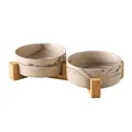 Verhoogde keramische dubbele voerbak met marmertextuur en houten standaard voor huisdieren - Matte Marmeren Dubbele Bakken met Bamboe Standaard / Groot 20cm