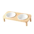 Modern elevated double ceramic pet bowls with natural wooden stand for cats and dogs - White