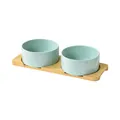 Double mint green ceramic cat bowls with bamboo stand for anti-spill feeding - Small / Straight-rimmed Bowl Glossy Light Blue With A Double-hole Bamboo Tray.