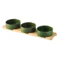 Three deep green ceramic cat bowls set with premium bamboo wood tray for feeding - Small (13CM) / Three Glossy Bowls And Stand / Forest Green
