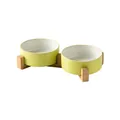 Light green ceramic double pet bowl set with a minimalist bamboo wooden stand - Small