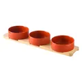 Three-piece orange ceramic pet bowls with a rectangular natural bamboo stand set - Small / Straight-rimmed Bowl With A Glossy Orange-red Color And A Three-hole Bamboo Tray.