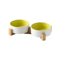 Double bol en céramique pour animaux blanc et vert avec un support en bois de bambou - Blanc Extérieur Vert Intérieur Avec Support Double / Petit