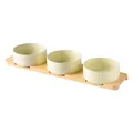 Three minimalist yellow ceramic cat bowls set on a long bamboo wooden tray base - Small / Straight-sided Bowl In Glossy Off-white With A Three-hole Bamboo Tray.