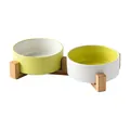 Minimalist matte ceramic pet double bowls with yellow contrast and bamboo wood stand - Mixed Colors With Double Stand / Small