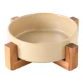 Gamelle pour chat en céramique crème avec support en bois massif antidérapant - Bol à Eau Brun Glacé au Four Avec Support Simple