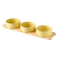 Three matte yellow ceramic cat bowls with non-slip bamboo wooden base set - Small / Straight-sided Bowl With Glossy Custard Color + Three-hole Bamboo Tray