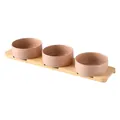 Three lotus pink ceramic cat bowls set with a long natural bamboo tray stand - Small / Straight-sided Bowl With Glossy Khaki Finish And A Three-hole Bamboo Tray