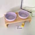 Double light purple ceramic pet bowls with minimalist wooden stand for cats and dogs - Double Bowls And Stand / Purple