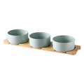 Three pale green ceramic cat bowls set with premium minimalist bamboo wood tray stand - Small / Straight-rimmed Bowl Glossy Light Blue With A Three-hole Bamboo Stand.
