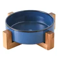 Bol en céramique bleu marine pour animaux avec support en bois croisé pour chats et chiens - Bol à Eau Bleu Glacé au Four Avec Support Simple
