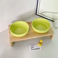 Minimalist double ceramic pet bowl with wooden stand in bright lemon yellow finish - Double Bowls And Stand / Green