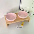 Dual light pink ceramic pet bowls with minimalist elevated wooden stand for cats - Double Bowls And Stand / Pink