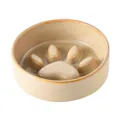 Keramische slow feeder voerbak in crème geel met pootafdruk ontwerp en bruine rand - Ovengeglazuurd Bruin Slow Feeder Bak / Middelgroot