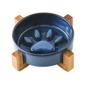 Gamelle anti-glouton en céramique bleu marine avec motif patte et support en bois - Bol Mangeoire Lente Bleu Glacé au Four Avec Support Simple