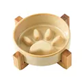 Gamelle anti-glouton en céramique avec motif patte et support en bois crème - Bol Mangeoire Lente Brun Glacé au Four Avec Support Simple