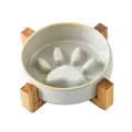 Gamelle anti-glouton en céramique bleu clair avec motif patte et support en bois - Bol Mangeoire Lente Gris Glacé au Four Avec Support Simple