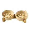 Gamelles anti-glouton en céramique avec motifs de pattes sur support en bambou - Bol Mangeoire Lente Brun Glacé au Four Avec Support Double