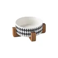 Ceramic pet bowl with black and white checkered pattern and walnut wood stand - Rhombus Bowl And Wood Stand / Medium