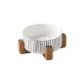 Minimalist ceramic pet bowl with black and white vertical stripes on a wooden stand - Vertical Striped Bowl And Wood Stand / Medium