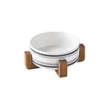 Minimalist white ceramic pet bowl with black lines and brown wooden stand - Horizontal Striped Bowl And Wood Stand / Medium