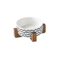 Ceramic pet bowl with black wave pattern on a stable wooden stand for food or water - Wave Bowl And Wood Stand / Medium