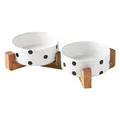 Elevated ceramic pet bowl set with black polka dot pattern and natural wooden stand - Polka Dot Double Bowl And Wood Stand / Small