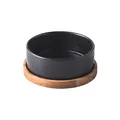 Matte black ceramic pet bowl with natural wooden base for cats and dogs - Single Bowl With Tray Style / Black / Small