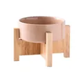 Gamelle pour chat en céramique rose avec support en bois naturel pour l'alimentation - Bol avec Support en Chêne Surélevé / Khaki Brillant / S