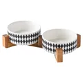 Harlequin pattern ceramic double pet bowls with dark wood stand for cats and small dogs - Rhombus Double Bowl And Wood Stand / Small