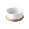 Minimalist white ceramic pet bowl with natural acacia wood base in matte finish - Single Bowl With Tray Style / White / Small