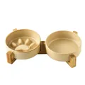 Ensemble de gamelles doubles en céramique beige avec support en bois - Bol Mangeoire Lente & à Eau Brun Glacé au Four Avec Support Double