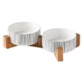 Minimalist ceramic double pet bowl set with black vertical stripes and wooden stand - Vertical Striped Double Bowl And Wood Stand / Small