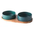 Dark green matte ceramic double pet bowls with a premium acacia wood non-slip stand - Double Bowl With Tray Style / Green / Small