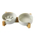 Double gamelle en céramique grise avec support bambou et motif anti-glouton - Bol Mangeoire Lente & à Eau Gris Glacé au Four Avec Support Double