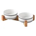 Minimalist ceramic cat bowls with black stripes on a natural wooden stand set - Horizontal Striped Double Bowl And Wood Stand / Small