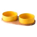 Double yellow ceramic pet bowls set with oval acacia wood tray base for cats and dogs - Double Bowl With Tray Style / Yellow / Small