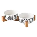 Ceramic pet double bowls with black wave pattern on elevated dark wooden stand - Wave Double Bowl And Wood Stand / Small