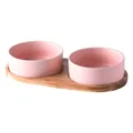 Matte pink ceramic double pet bowl set with elevated acacia wood stand for dogs and cats - Double Bowl With Tray Style / Pink / Small