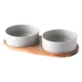 Minimalist double grey ceramic pet bowls set with a premium acacia wood non-slip tray - Double Bowl With Tray Style / Gray / Small