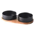 Matte black ceramic pet double bowls set with premium acacia wood tray for cats and dogs - Double Bowl With Tray Style / Black / Small