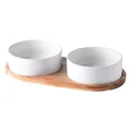 Matte white double ceramic dog bowls with minimalist acacia wood stand for pets - Double Bowl With Tray Style / White / Small