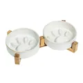 Gamelles anti-glouton en céramique avec motifs de pattes sur support en bois pour chats - Bol Mangeoire Lente Blanc Glacé au Four Avec Support Double